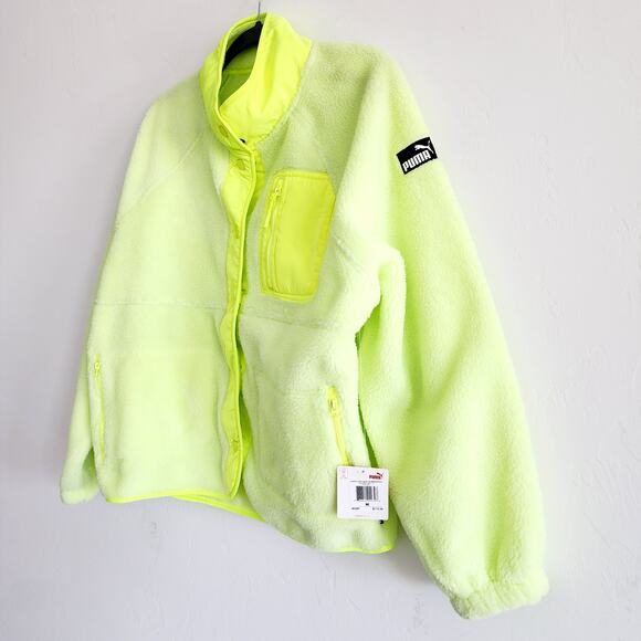 Puma Neon Yellow Button Down Sherpa Fleece Jacket w Pockets Woman's Size Medium - Picture 4 of 5